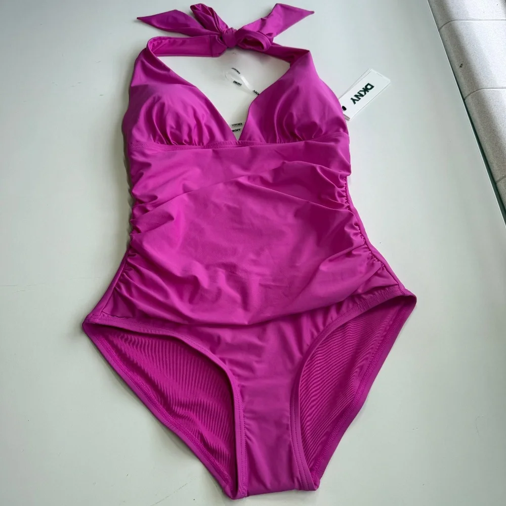 DKNY Womens Standard Triangle Shirred Carnation Pink Halter One Piece Swimsuit - Picture 3 of 8